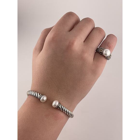EFFY 925 Sterling Silver 18k Yellow Gold Pearl Ring End Bracelet Set - Picture 1 of 16